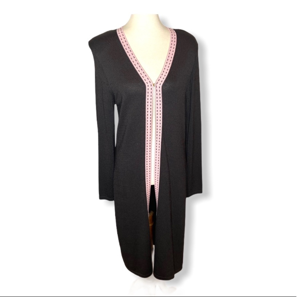 Kate Hill Brown Long Open Duster Cardigan w/ Pink Trim Sz M